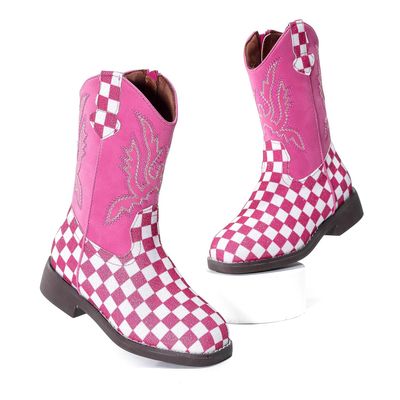 kkdom Girls Cowgirl Boots Mid Calf Square Toe Western Boot for Kids Glitter Cowboy Boot Riding Shoes for Toddler Little Big Girls Glitter Pink Plaid US Size 3