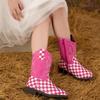 kkdom Girls Cowgirl Boots Mid Calf Square Toe Western Boot for Kids Glitter Cowboy Boot Riding Shoes for Toddler Little Big Girls Glitter Pink Plaid US Size 3 view 2