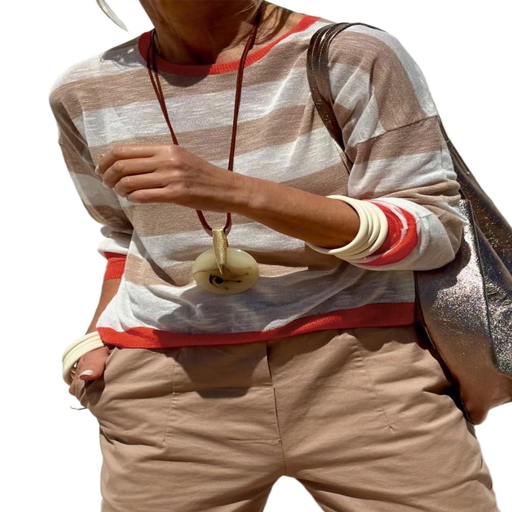 Cozy and Chic Sweater: Apricot Colorblock Striped with Drop Shoulder,Apricot,(US 8-10) M