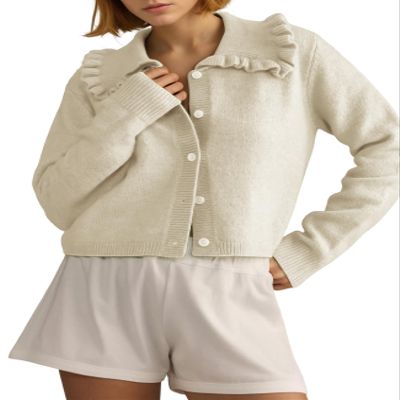 Arssm Womens Ruffle Collar Cardigan Cropped Button Down Open Front Sweaters Knitted Long Sleeve Spring 2025 Elegant Outwear(Apricot-S)