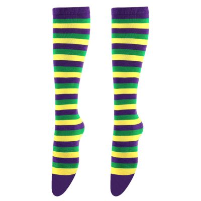 jiahesuw Mardi Gras Socks Colorful Striped Novelty Over Calf Long Stockings Cosplay Party Costume Accessories