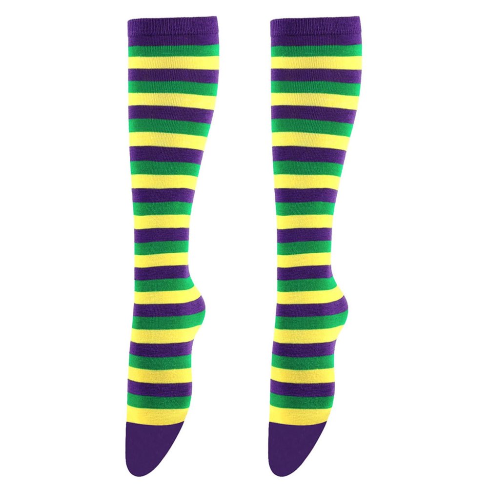 jiahesuw Mardi Gras Socks Colorful Striped Novelty Over Calf Long Stockings Cosplay Party Costume Accessories