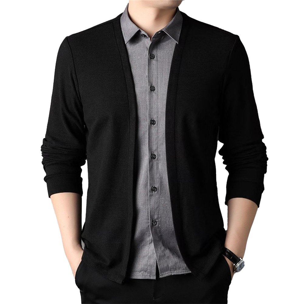 Men's Casual Lightweight Cardigan Sweater Slim Fit Business Knitted Cardigans Open Front Long Sleeve Sweaters (Black,Medium)