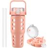 MUKOKO 32 oz Glass Tumbler with Straw,Glass Water Bottles with Time Marker,Iced Coffee Cup with Silicone Sleeve,Motivational Drinking Bottles,Leakproof-Coral Pink view 1