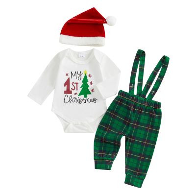 BeQeuewll Christmas Newborn Baby Boy 3PCS Clothes Set Infant Long Sleeve Romper Cute Pattern Suspender Pants Overalls Outfits (White, 3-6 Months)