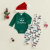 BeQeuewll Christmas Newborn Baby Boy 3PCS Clothes Set Infant Long Sleeve Romper Cute Pattern Suspender Pants Overalls Outfits (Green, 12-18 Months) view 2