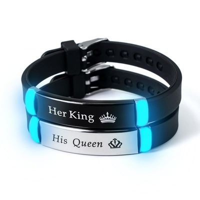 ATLVXJL 2pcs/set matching couples bracelets his queen her king Grow in the Dark English letter stainless steel silicone bracelet Valentines Day gift