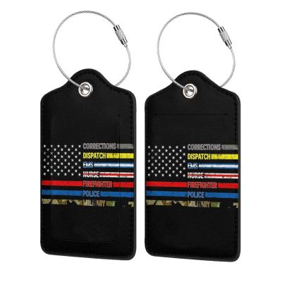 American Thin Blue Line Flag for Supporting Our First Responders Leather Baggage Bag Luggage Tags with Stainless Steel Loop and Privacy Cover