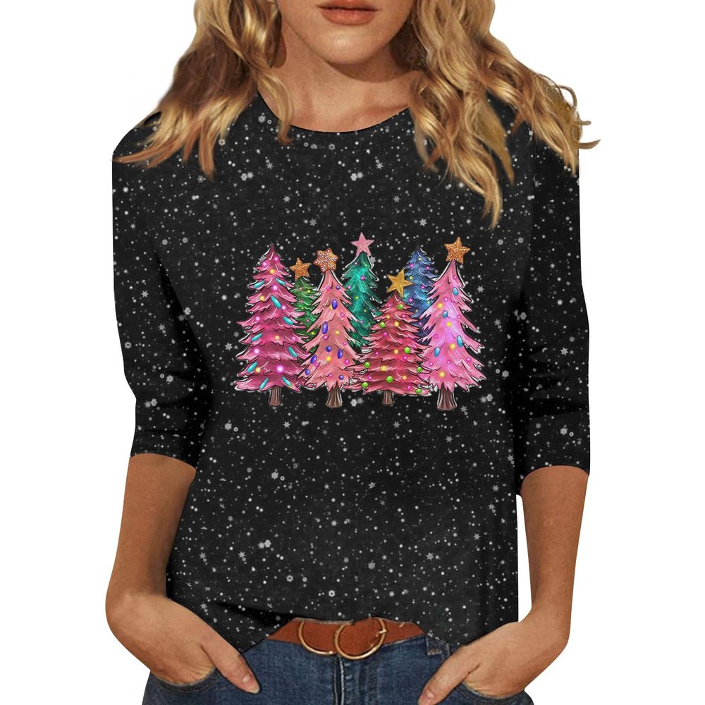 3/4 Sleeve Tops for Women Plus Size Christmas Shirts Cute Funny Xmas Tree Fall Blouses Dressy Casual Crewneck Trendy Holiday Loose Fit Happy Tunic Tops Christmas Blouses for Women, Wine, Small