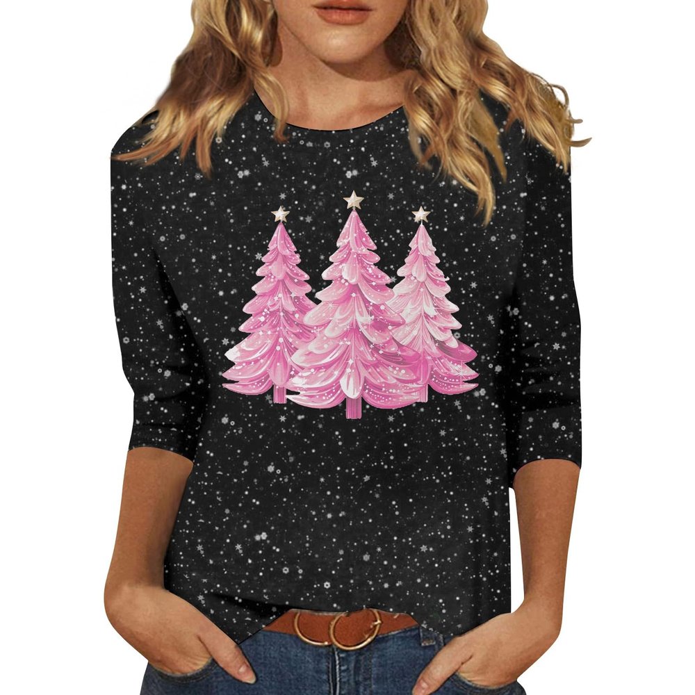 3/4 Length Sleeve Womens Tops Christmas Plus Size Shirts Snowflake Funny Print Casual Dressy Blouses Fall Crewneck Vacation Season Tunic Tops Christmas Blouses for Women, Watermelon Red, 3X-Large