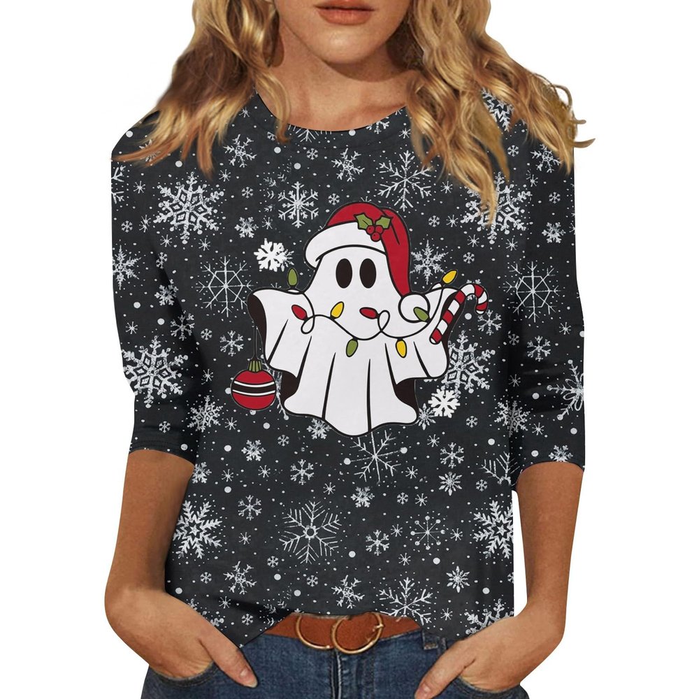3/4 Sleeve Tops for Women Plus Size Christmas Shirts Cute Snowflake Funny Xmas Print Casual Dressy Blouses Fall Crewneck Loose Fit Party Tunic Tops Christmas Blouses for Women, White, 3X-Large