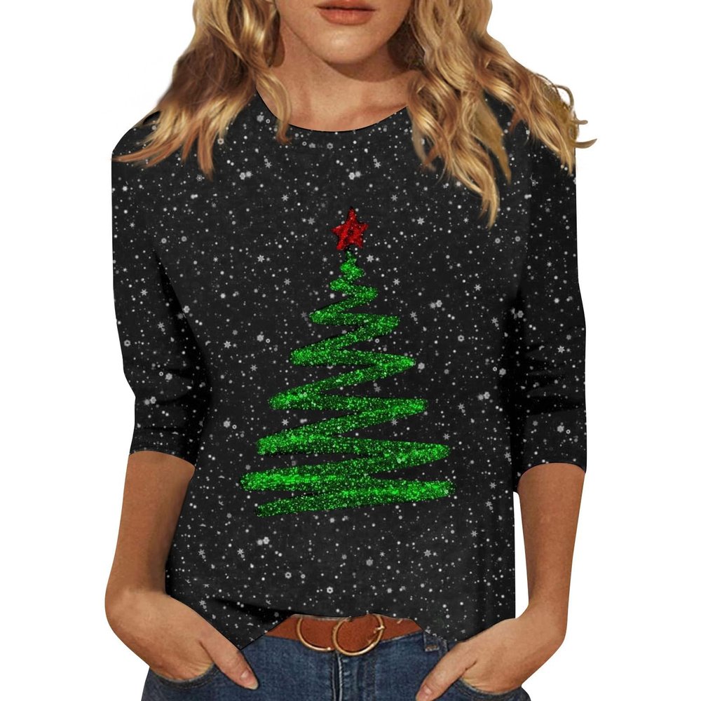 3/4 Sleeve Tops for Women Plus Size Christmas Shirts Cute Casual Funny Merry and Bright Printed Fall Blouses Crew Neck Family Lightweight Comfy Loose Tunic Tops Christmas Shirt Women, Green, Large