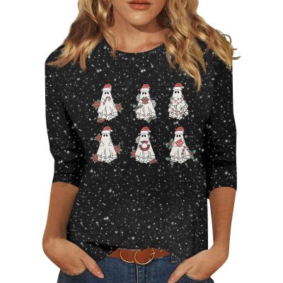 3/4 Sleeve Tops for Women Plus Size Christmas Shirts Cute Fall Xmas Lights Business Casual Blouses Round Neck Family Lightweight Comfy Loose Tunic Tops Christmas Blouses for Women, Black, Small