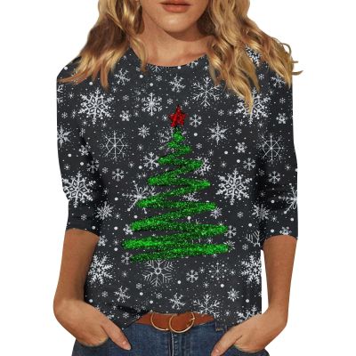 Christmas Plus Size Tops for Women 3/4 Sleeve Cute Shirts Funny Xmas Tree Fall Blouses Dressy Casual Crewneck Trendy Holiday Loose Fit Happy Tunic Tops Christmas Blouses for Women, Green, 4X-Large