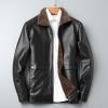 Akklian Brown Bomber Shearling Sheepskin Leather Flight Jacket Hippie Fashion Thermal Coat Outerwear Zip Up Business Coat view 2