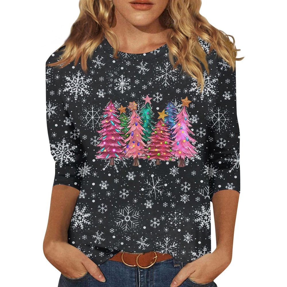 3/4 Length Sleeve Womens Tops Christmas Plus Size Shirts Casual Funny Merry and Bright Fall Blouses Crewneck Three Quarter Holiday Vacation Tunic Tops Christmas Blouses for Women, Vermilion, 5X-Large