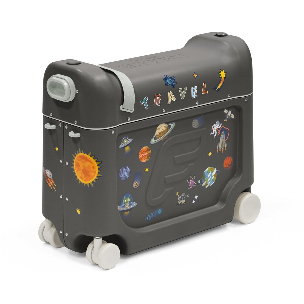 Stokke JetKids BedBox, Midnight Grey - Ride-On Suitcase for Kids 2-7 Years Old (up to 77 lbs) - Transforms Into Bed - Includes Mattress, Decorative Stickers & Adjustable Carrying Strap