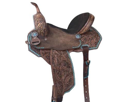 BNB International Western Barrel Racing Wooden Tree Horse Saddle Handmade American Leather Comfort Horse Trail Equestrian Tooled Carved Horse Saddle Riding Size: 10-18 inch MO18 (12.5" inches Seat)