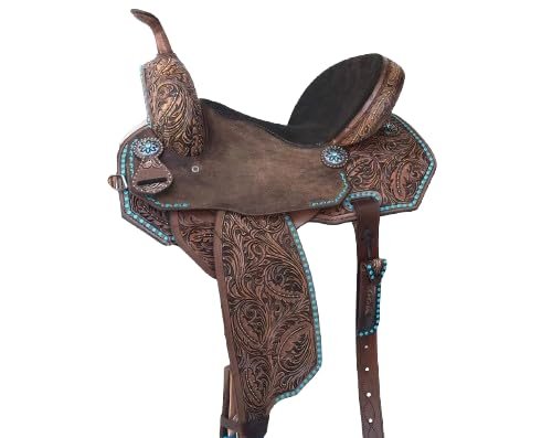 BNB International Western Barrel Racing Wooden Tree Horse Saddle Handmade American Leather Comfort Horse Trail Equestrian Tooled Carved Horse Saddle Riding Size: 10-18 inch MO18 (12.5" inches Seat)
