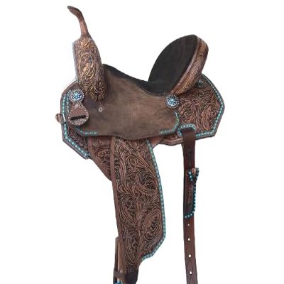 BNB International Western Barrel Racing Wooden Tree Horse Saddle Handmade American Leather Comfort Horse Trail Equestrian Tooled Carved Horse Saddle Riding Size: 10-18 inch MO18 (17" inches Seat)