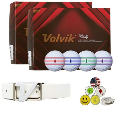 Volvik Tour VS4 Premium Golf Balls 2 Dozen Bundle with Genuine Italian Real Solid Leather Belt (White), Unisex, and 5 Ball Markers, & 1 Magnetic Hat Clip