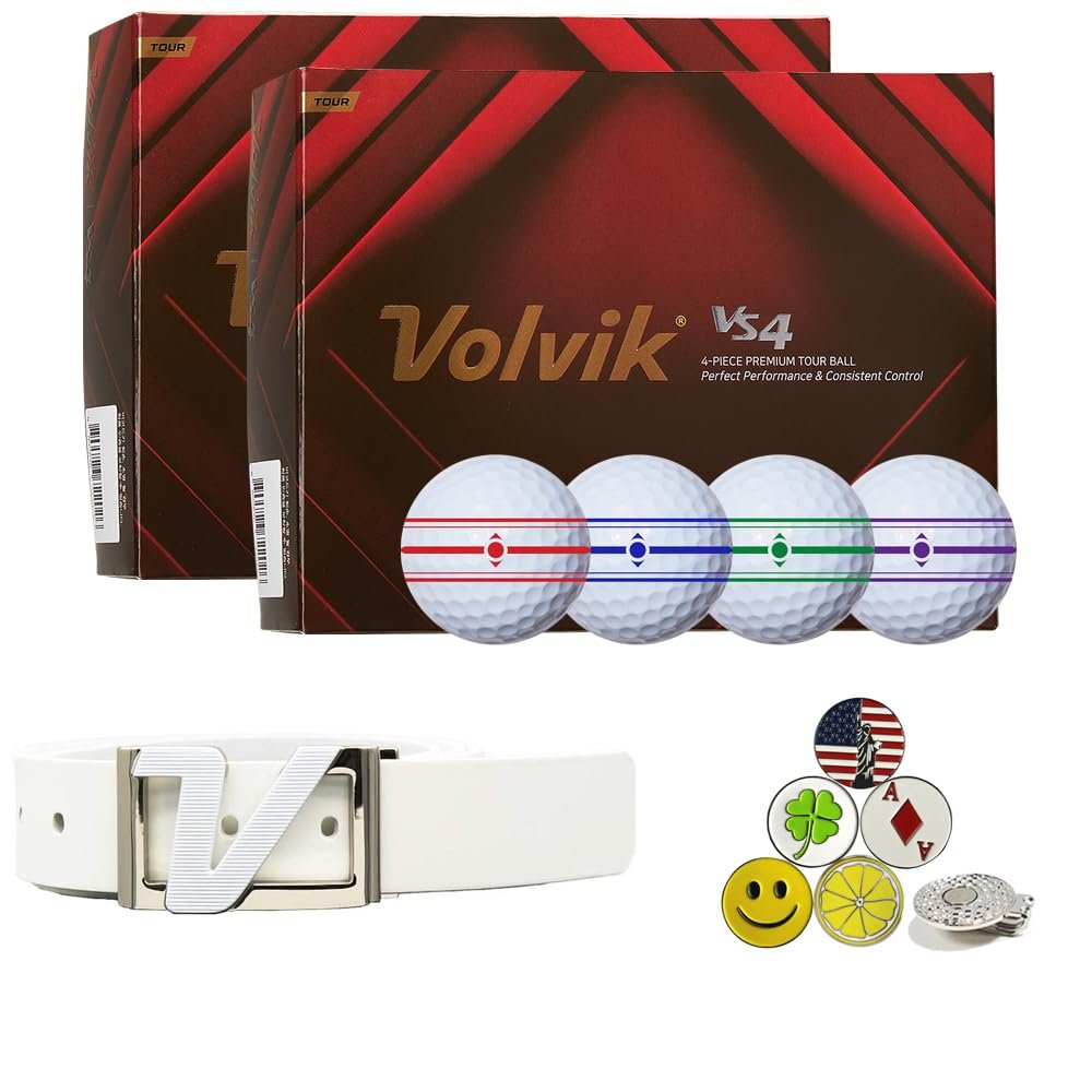 Volvik Tour VS4 Premium Golf Balls 2 Dozen Bundle with Genuine Italian Real Solid Leather Belt (White), Unisex, and 5 Ball Markers, & 1 Magnetic Hat Clip