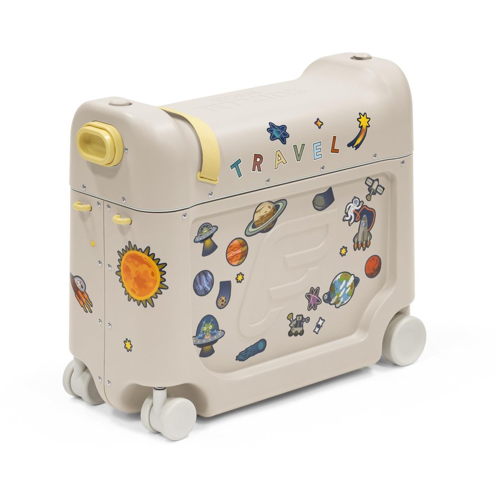 Stokke JetKids BedBox, Moonglow White - Ride-On Suitcase for Kids 2-7 Years Old (up to 77 lbs) - Transforms Into Bed - Includes Mattress, Decorative Stickers & Adjustable Carrying Strap