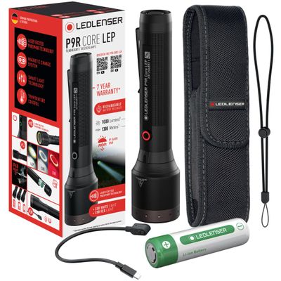 Ledlenser P9R Core LEP Rechargeable Flashlight - Black, Aluminum - 1300m LEP Beam Laser Phosphor Flashlight - Triple Flood & Laser Combo Light - IP68 Waterproof Tactical Lights