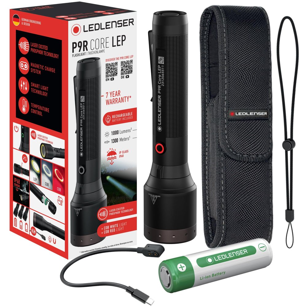 Ledlenser P9R Core LEP Rechargeable Flashlight - Black, Aluminum - 1300m LEP Beam Laser Phosphor Flashlight - Triple Flood & Laser Combo Light - IP68 Waterproof Tactical Lights
