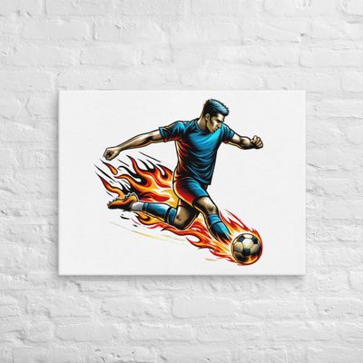 Boy Soccer Player Hitting Soccer Ball Engulfed in Flames
