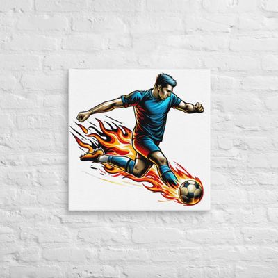 Boy Soccer Player Hitting Soccer Ball Engulfed in Flames