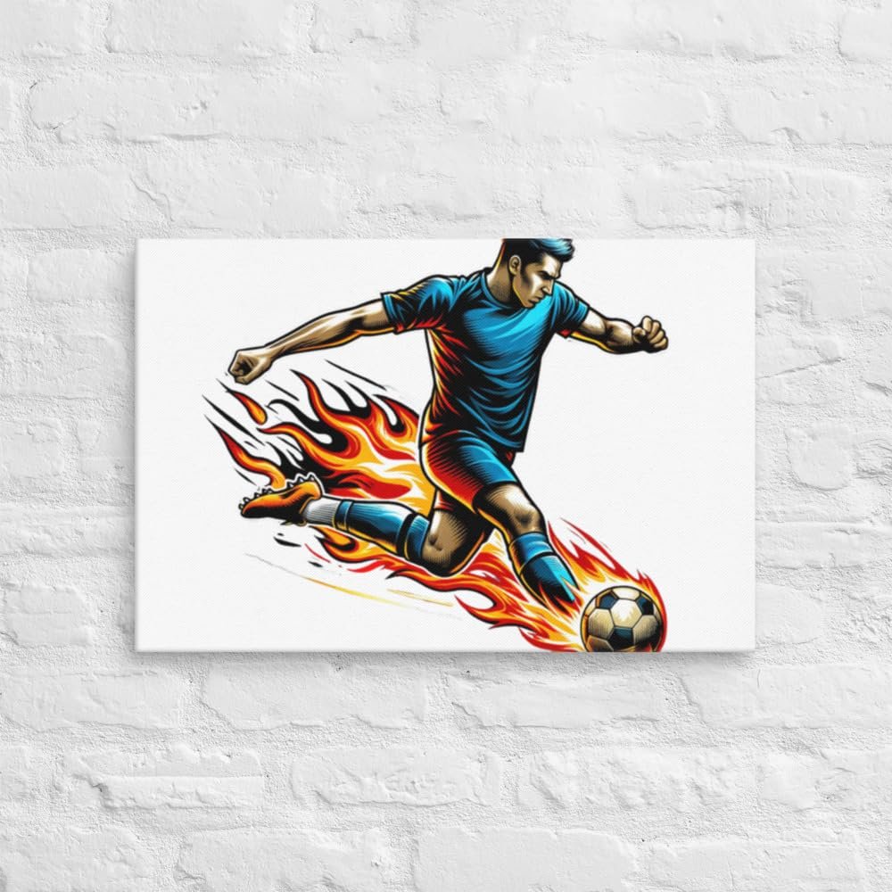 Boy Soccer Player Hitting Soccer Ball Engulfed in Flames