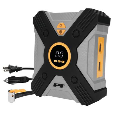 Performance Tool Vortex E00005 AC/DC Powered Tire Inflator w/LED Light, Lever-Locking Air Chuck, Long Power Cord, Three Nozzles, Gray