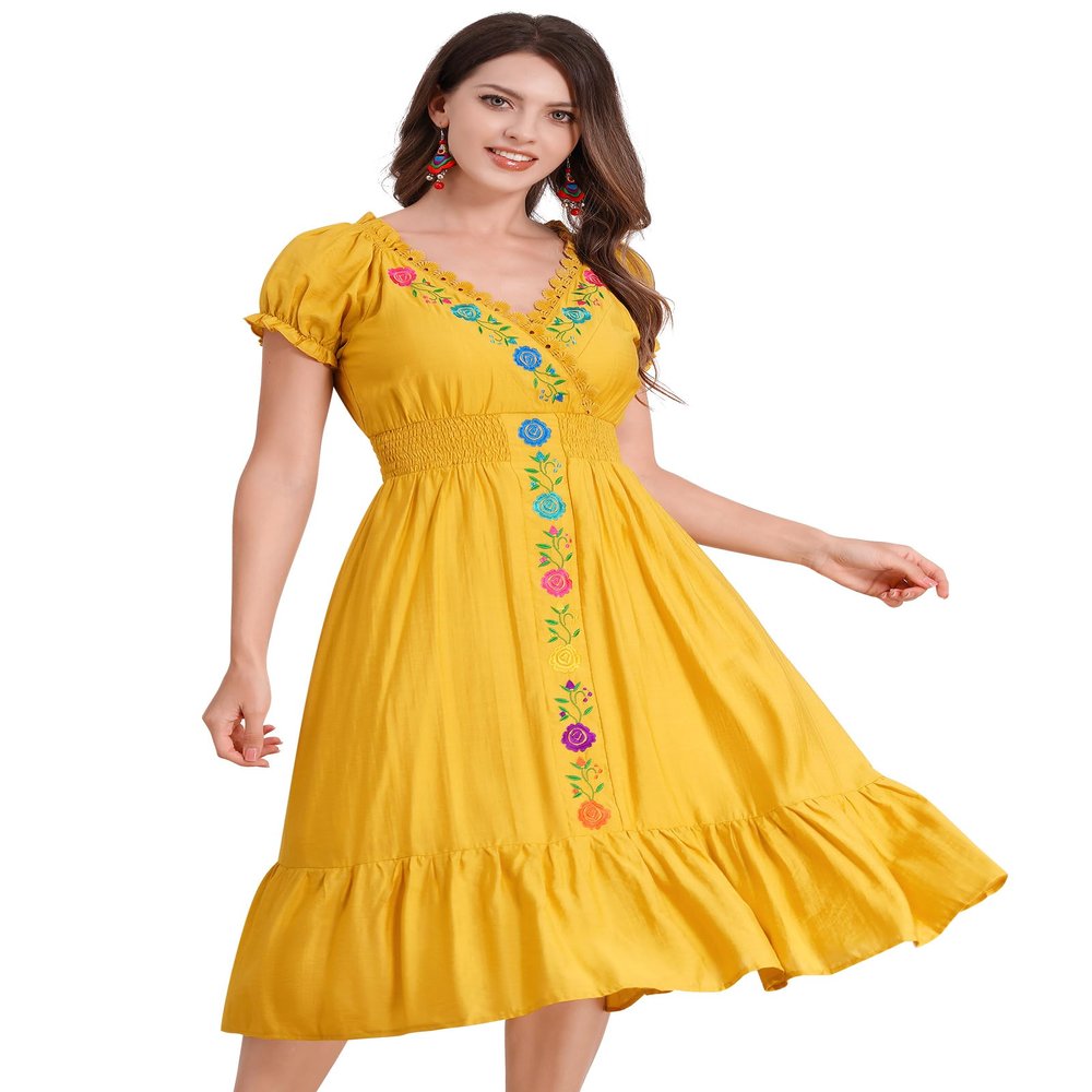 ABEWIP Women's Mexican V-Neck Floral Embroidery Ruffle Dress - Short Puff Sleeve, Perfect for Spring/Summer, Cinco De Mayo, Boho, Casual, Bridesmaid, Peasant Dress in Yellow, XL