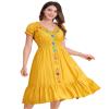 ABEWIP Women's Mexican V-Neck Floral Embroidery Ruffle Dress - Short Puff Sleeve, Perfect for Spring/Summer, Cinco De Mayo, Boho, Casual, Bridesmaid, Peasant Dress in Yellow, XL view 1