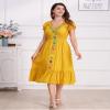 ABEWIP Women's Mexican V-Neck Floral Embroidery Ruffle Dress - Short Puff Sleeve, Perfect for Spring/Summer, Cinco De Mayo, Boho, Casual, Bridesmaid, Peasant Dress in Yellow, XL view 2