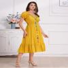 ABEWIP Women's Mexican V-Neck Floral Embroidery Ruffle Dress - Short Puff Sleeve, Perfect for Spring/Summer, Cinco De Mayo, Boho, Casual, Bridesmaid, Peasant Dress in Yellow, XL view 4