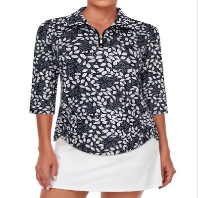 Tanst Sky Plus Size Ladies Golf Tops, 3XL Polo Shirts for Woman Zip Up Collared 3/4 Sleeve Funny Active Wear Ladies Bowling Tennis Running Workout Loose Fit Athletic Clothes Black Leaves XXX-Large