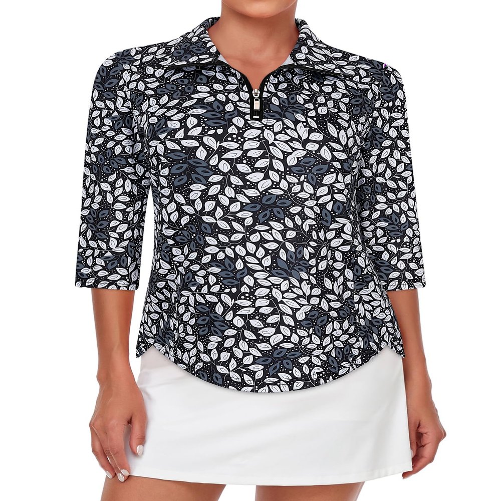 Tanst Sky Plus Size Ladies Golf Tops, 3XL Polo Shirts for Woman Zip Up Collared 3/4 Sleeve Funny Active Wear Ladies Bowling Tennis Running Workout Loose Fit Athletic Clothes Black Leaves XXX-Large