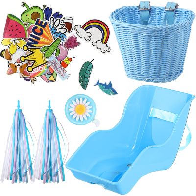 Aurelema Doll Bike Seat with 30 Pcs Stickers Decals Bike Basket for Kids Bike Handlebar Streamers Colorful Ribbons Tassel Daisy Bike Bell for Girls Boys Bike Accessories Christmas Kids Gift(Blue)