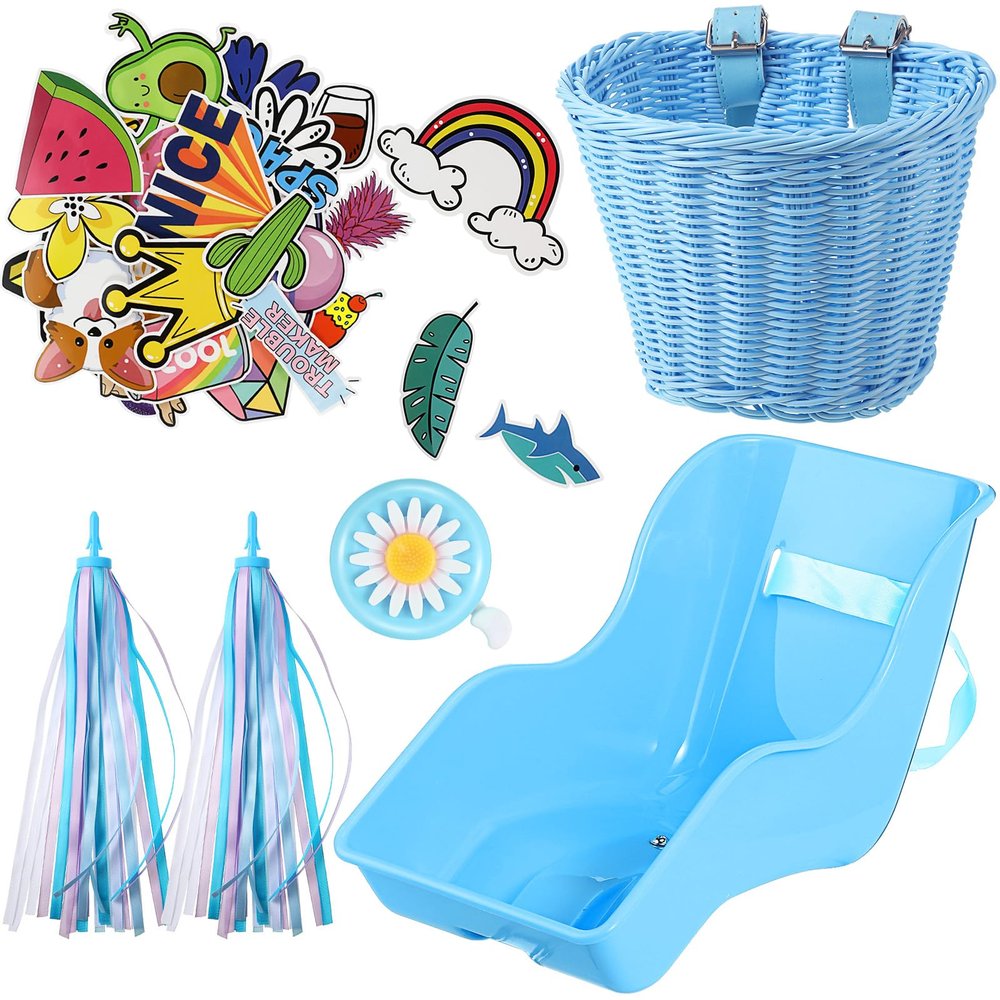 Aurelema Doll Bike Seat with 30 Pcs Stickers Decals Bike Basket for Kids Bike Handlebar Streamers Colorful Ribbons Tassel Daisy Bike Bell for Girls Boys Bike Accessories Christmas Kids Gift(Blue)