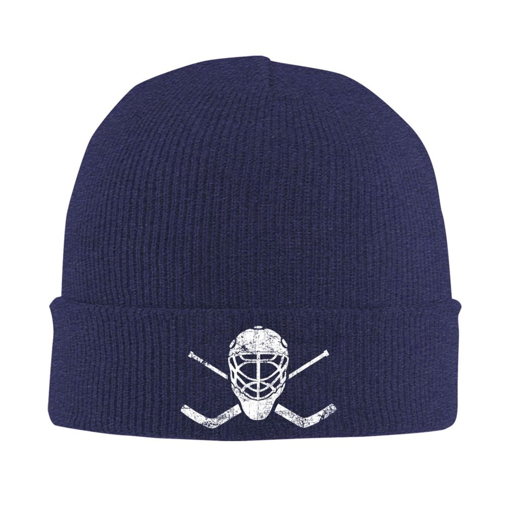 AIZBEGDLU Crossed Goalie Sticks Hockey Beanie Hat Unisex Knit Hat Ski Stocking Cuffed Cap Navy Blue
