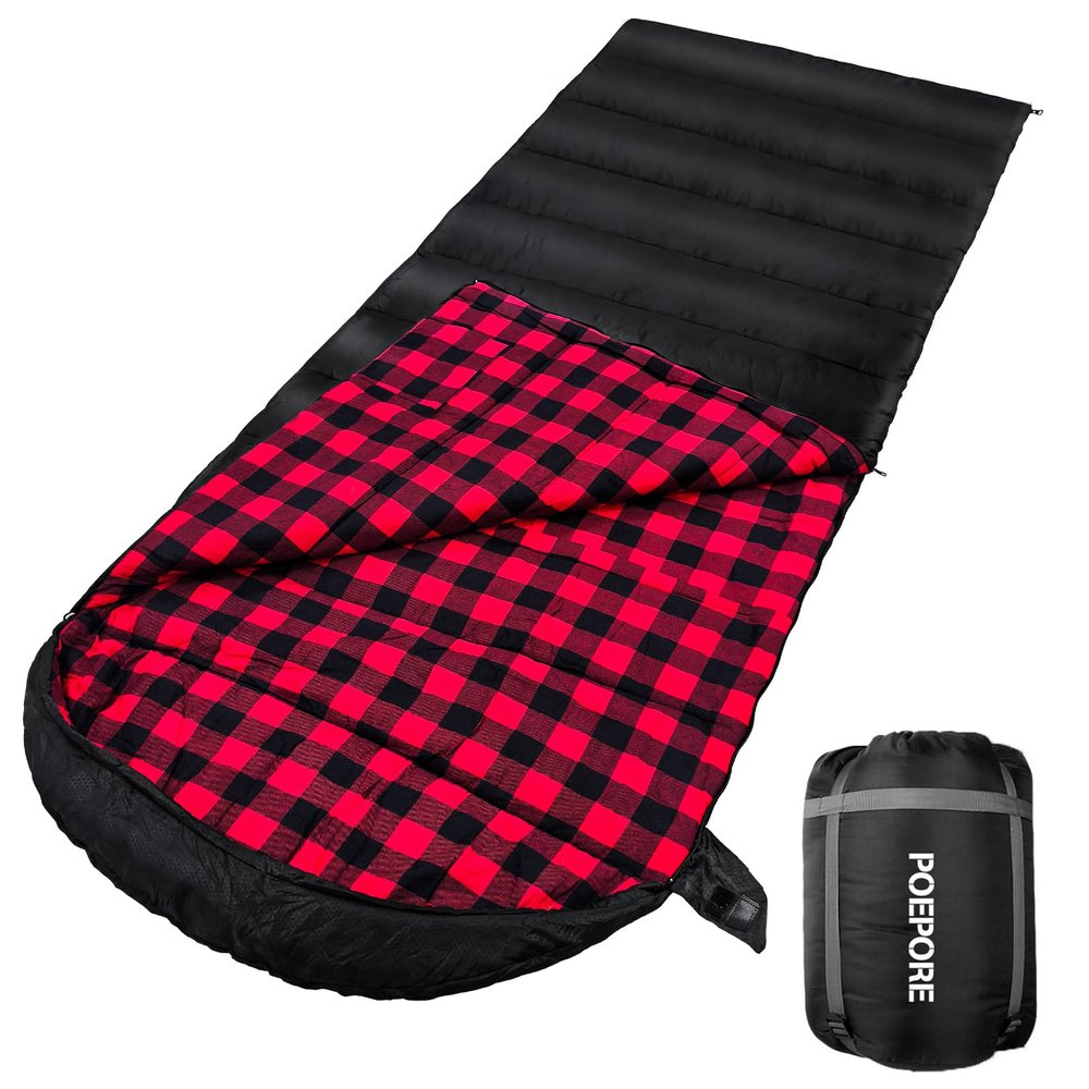POEPORE Flannel Sleeping Bag Cotton 0 Degree Cold Weather for Adults XXL Sleeping Bag 4 Season Big and Tall with Compression Sack