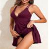 Aleumdr One Piece Swim Dress for WomenTummy Control Swimsuit Skirted Bathing Suits Modest Tankini Swimwear V Neck Ribbed Cute A Line Swim Suit for Women 2024 Wine Red view 2