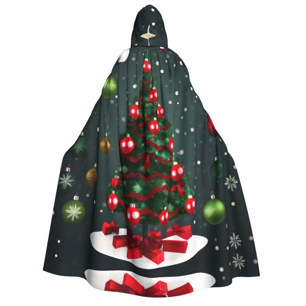 NOUZU Christmas Tree And Ball Print Halloween Cloak Men Cape Renaissance Cloak With Hood, For Adult Cosplay Party Costume