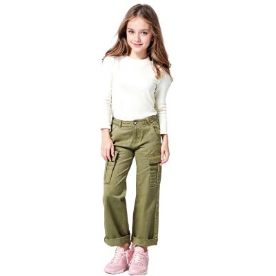 LANZIYAYA Girls Cargo Pants Wide Leg Streetwear Kids Pants with Pockets Trendy Jogger Trousers Hiking Trousers 4-14 Years (US, Age, 4 Years, Army Green)