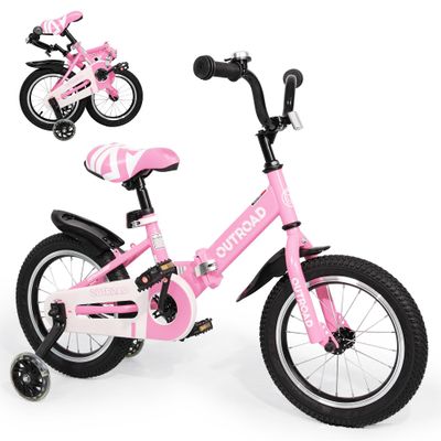Betterland Folding Kids Bike,14 Inch Children Bicycle with Training Wheels and Dual Handbrakes Toddler Sport Bicycle for 3-9 Years Old Boys and GirlsPink
