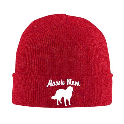 Aussie Mom Australian Shepherd Dog Beanie Hat Unisex Knit Hat Ski Stocking Cuffed Cap Red