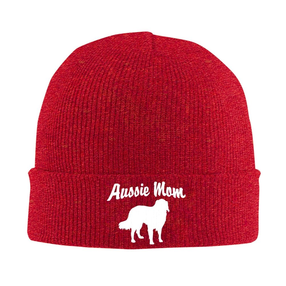 Aussie Mom Australian Shepherd Dog Beanie Hat Unisex Knit Hat Ski Stocking Cuffed Cap Red