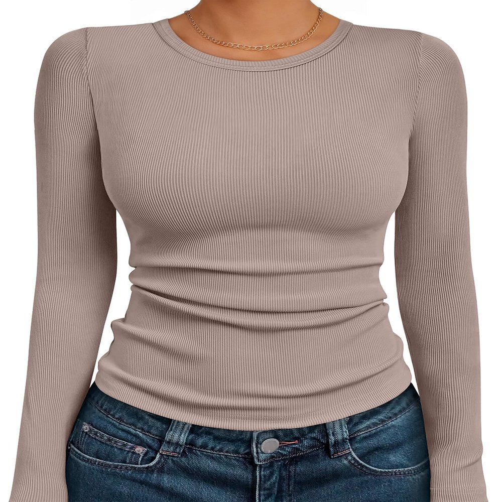 AUTOMET Women's Ribbed Long Sleeve Basic Top - Soft Stretch Crewneck Shirt for Work & Casual Oatmeal XS